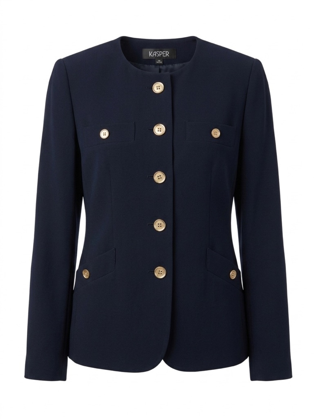 Kasper Navy Collarless Blazer with Gold Buttons